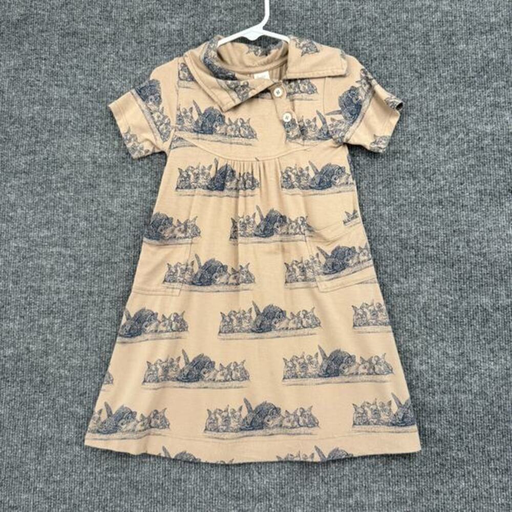 Kate Quinn Dress Girls 3T Taupe All Over Bunny Print Shift Short Sleeve Modal